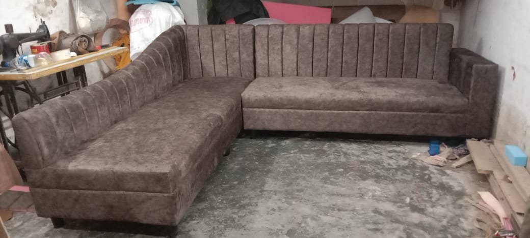 Mocha brown suede velvet L-shaped sofa with vertical channel tufted backrest
