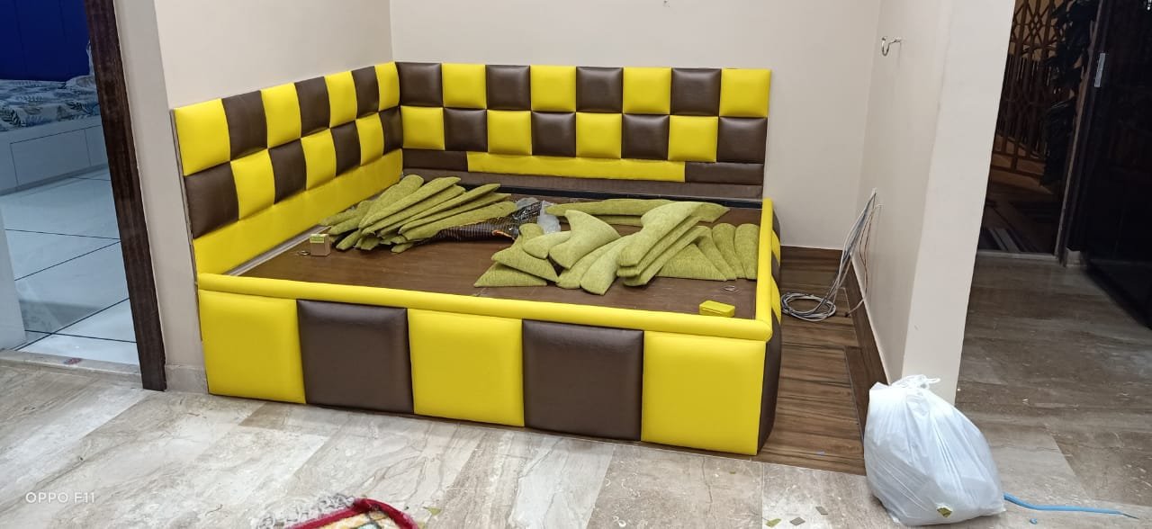 Custom yellow and brown checkered upholstered corner bed base and sofa cum bed setup